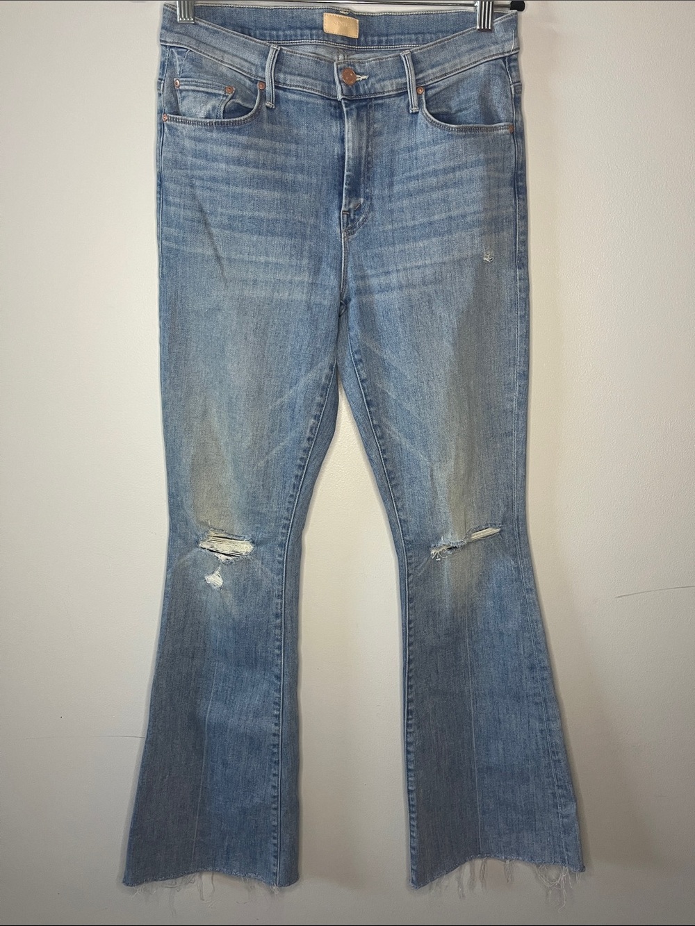 NWOT Mother jeans the weekender gray light wash distressed stretchy flare leg
